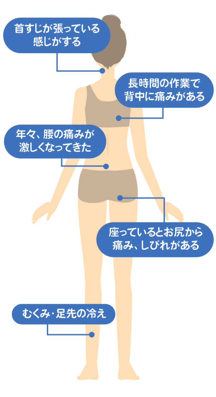 イラスト：（症状のお悩み）首すじが張っている感じがする／長時間の作業で背中に痛みがある／年々、腰の痛みが激しくなってきた／座っているとお尻から痛み、しびれがある／むくみ・足先の冷え